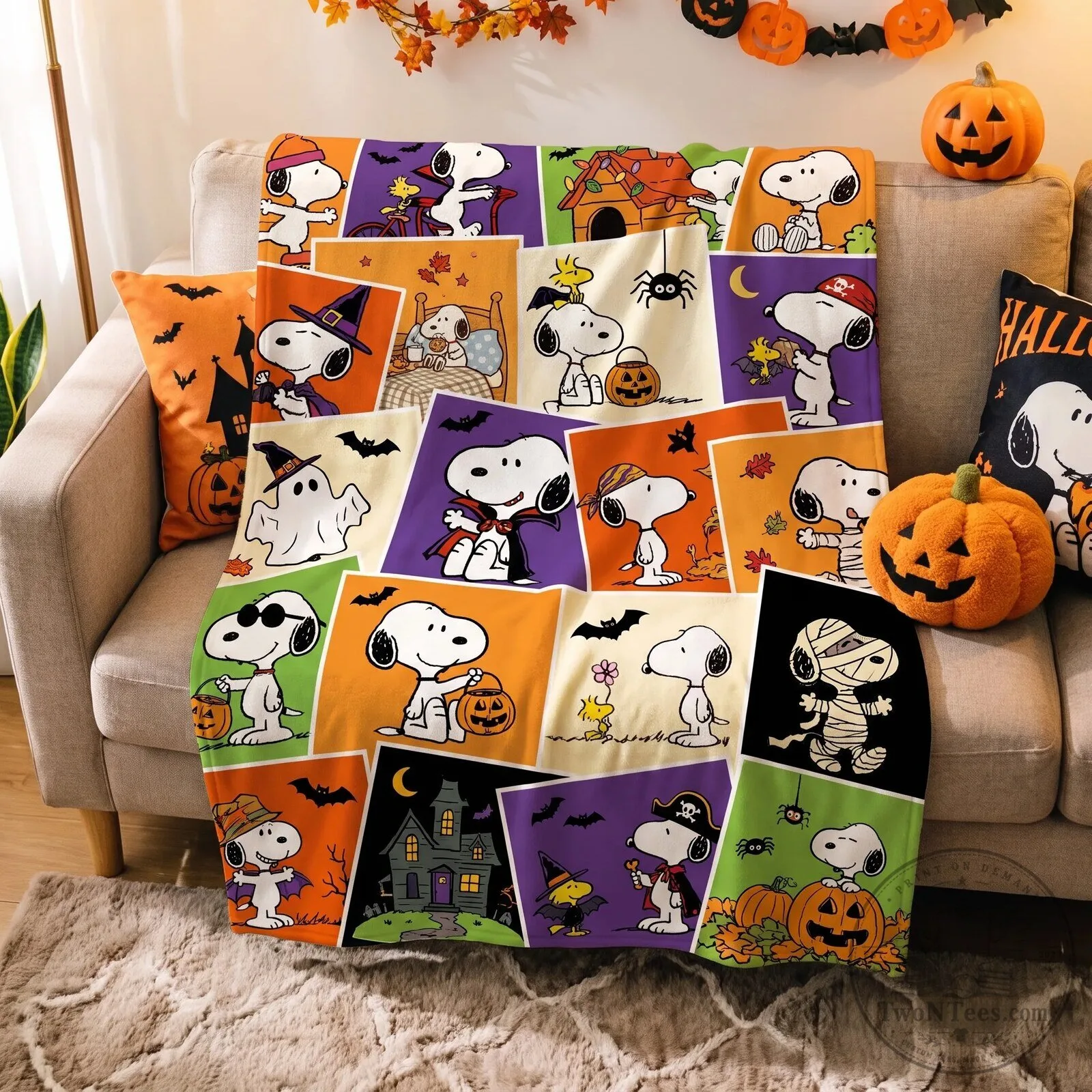 Snoopy Halloween Trick or Treat Patchwork Blanket 3 Snoopy Halloween Trick or Treat Patchwork Blanket