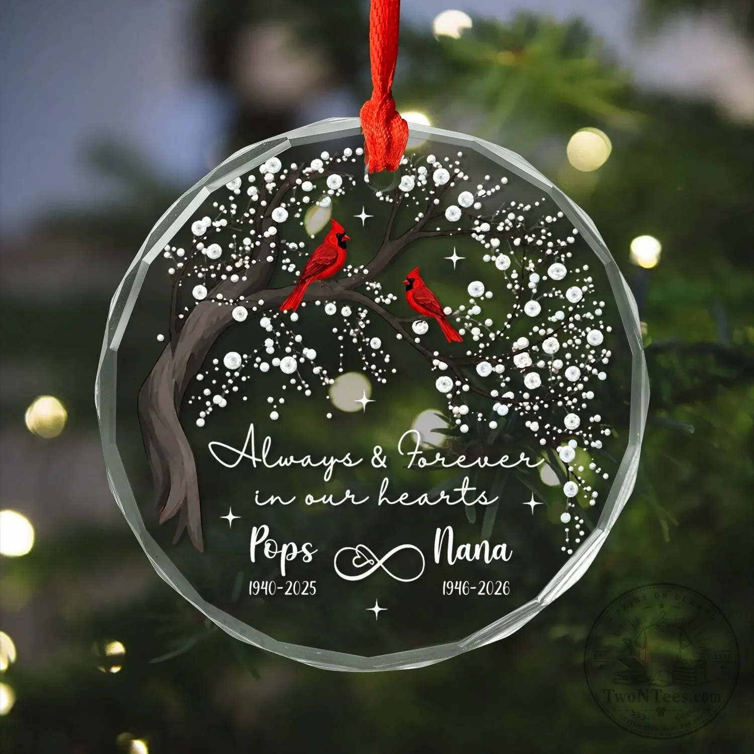 Personalized Cardinal Always Forever In Our Hearts Memorial Glass Ornament