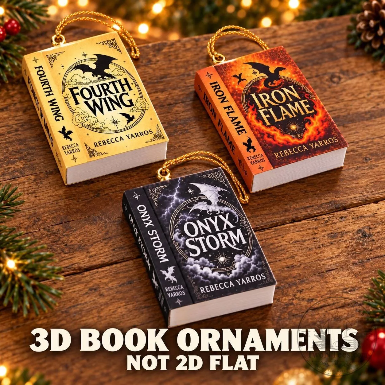 Fourth Wing Iron Flame Onyx Storm Book Christmas Ornament Set, Fantasy Dragon Lover Gift 5 Fourth Wing Iron Flame Onyx Storm Book Christmas Ornament Set, Fantasy Dragon Lover Gift