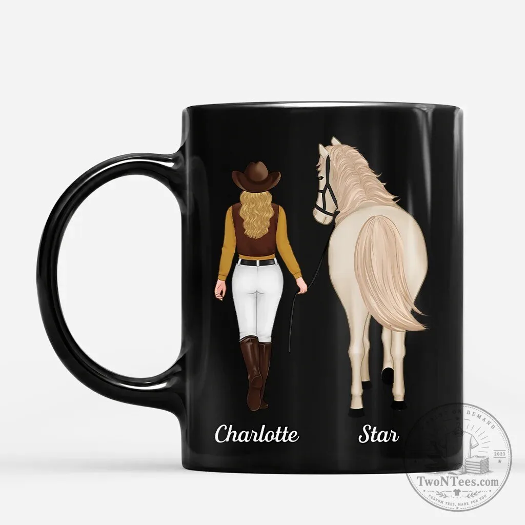 Personalized Horse Lover Black Coffee Mug with Custom Rider and Horse Name