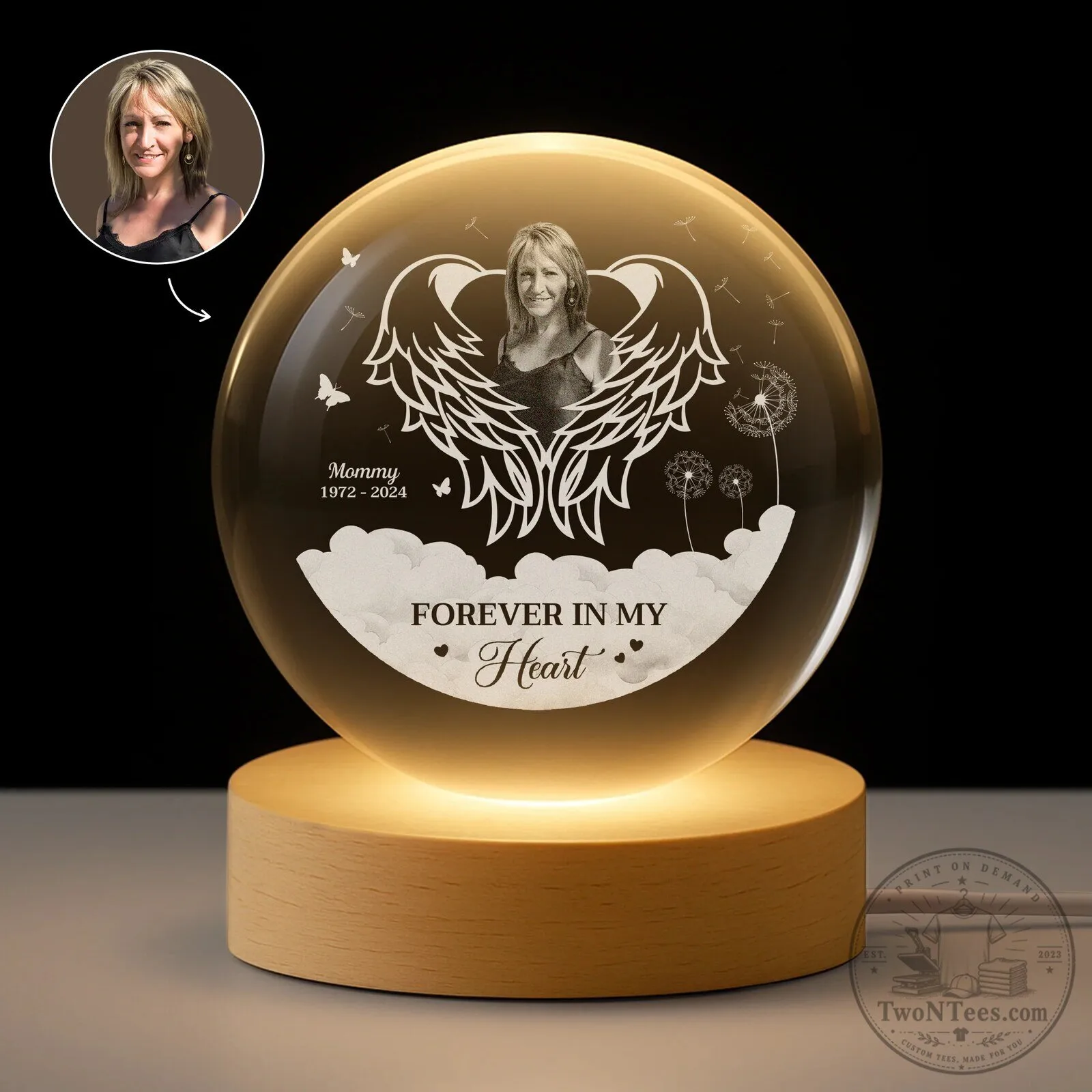 Personalized Memorial Photo Crystal Ball Lamp with Angel Wings and Dandelions 4 Personalized Memorial Photo Crystal Ball Lamp with Angel Wings and Dandelions