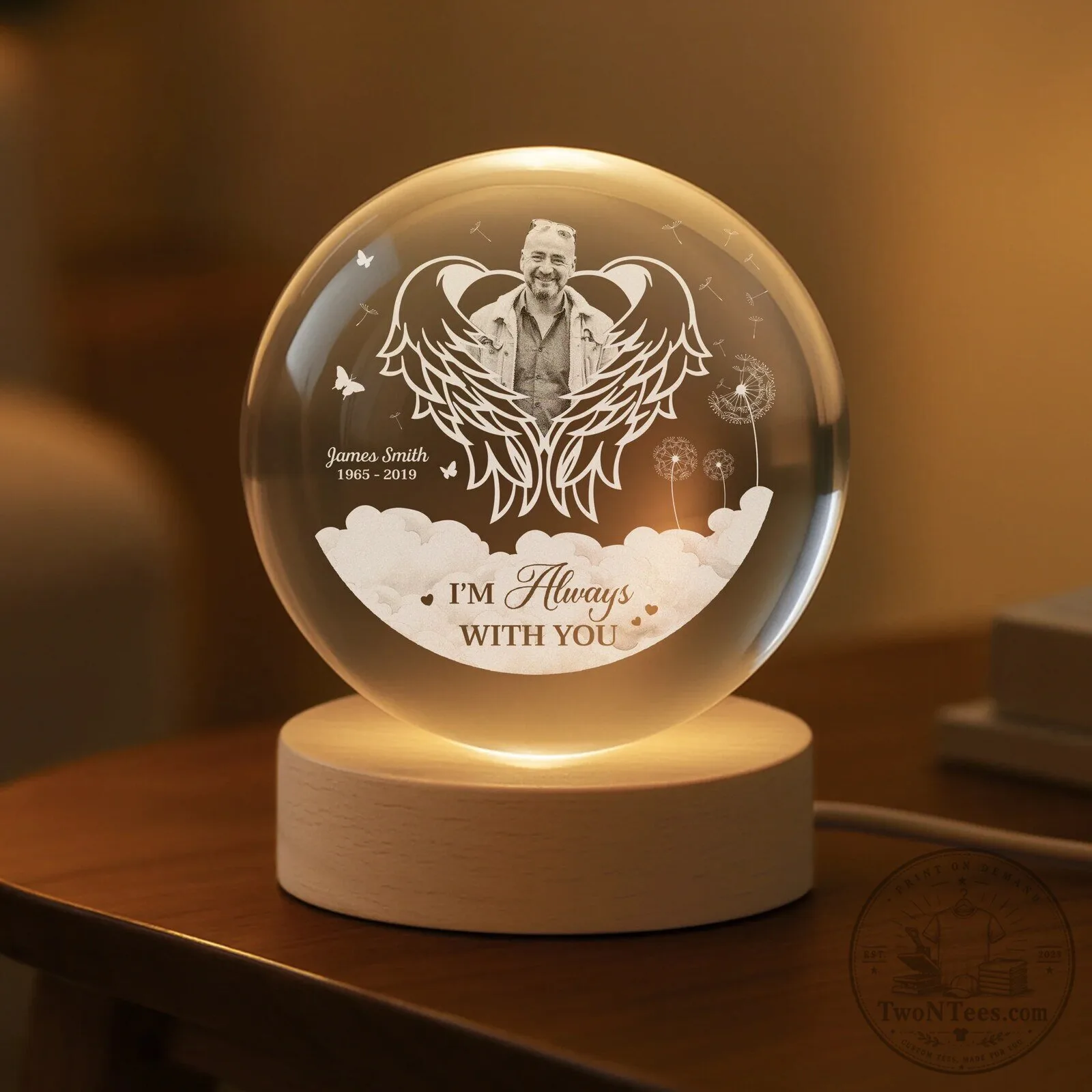 Personalized Memorial Photo Crystal Ball Lamp with Angel Wings and Dandelions 5 Personalized Memorial Photo Crystal Ball Lamp with Angel Wings and Dandelions