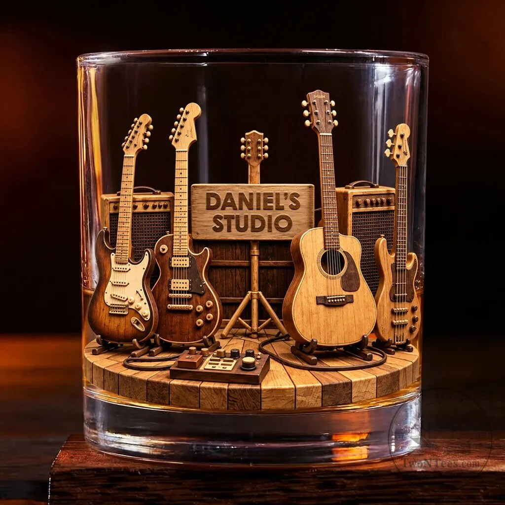 Personalized Daniel's Studio Guitar Whiskey Glass - Custom Wooden Music Gift