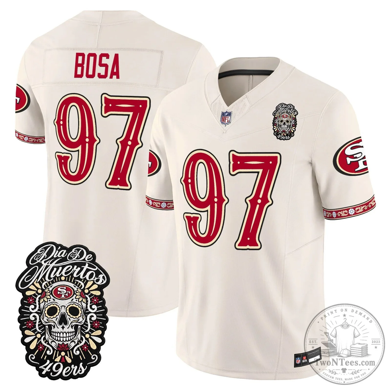 San Francisco 49ers Fred Warner Día de los Muertos Football Jersey 77 San Francisco 49ers Fred Warner Día de los Muertos Football Jersey