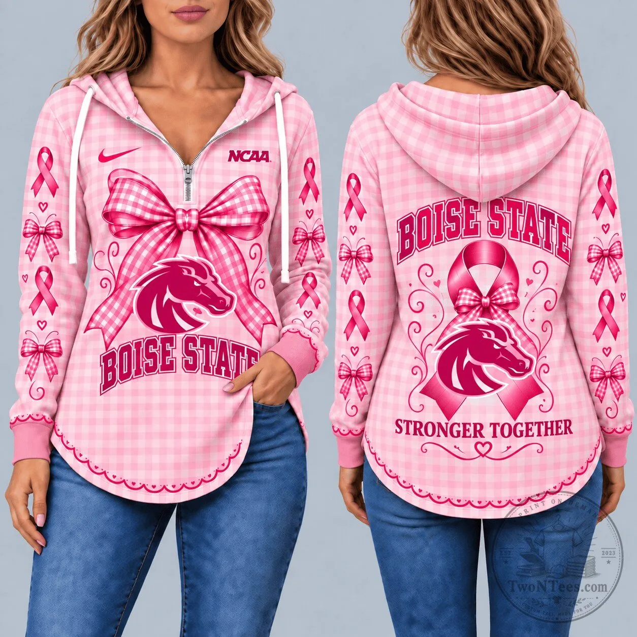 Boise State Broncos Breast Cancer Awareness Pink Gingham Half-Zip Hoodie