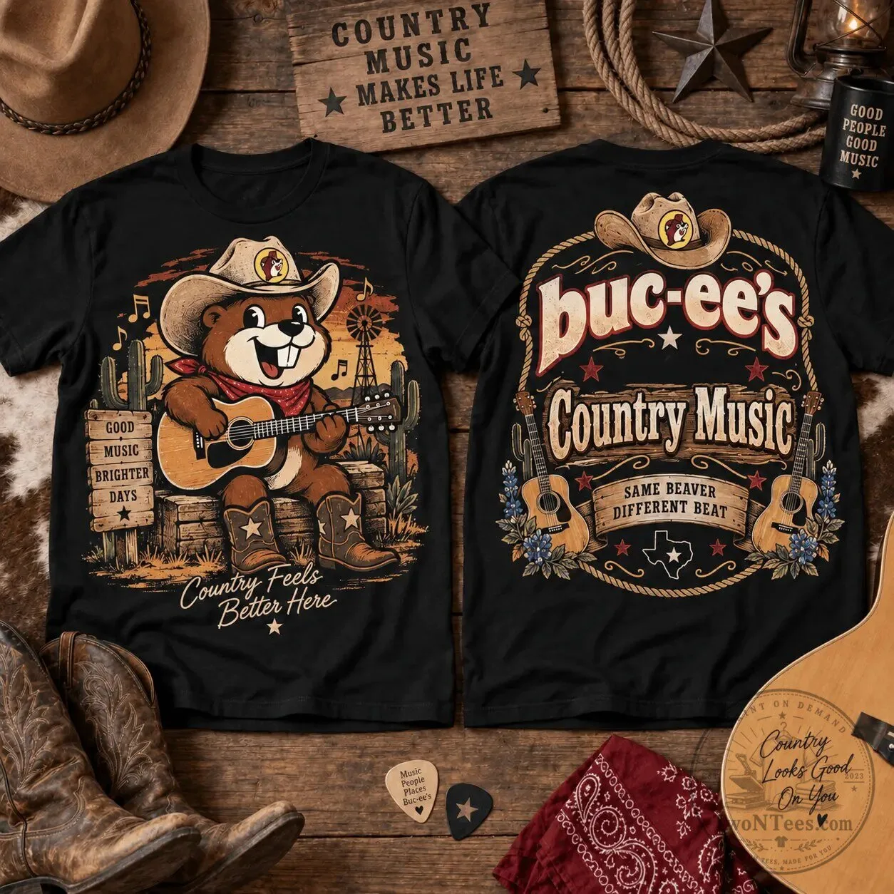 Buc-ee's Country Music Beaver Playing Guitar Graphic Black T-Shirt