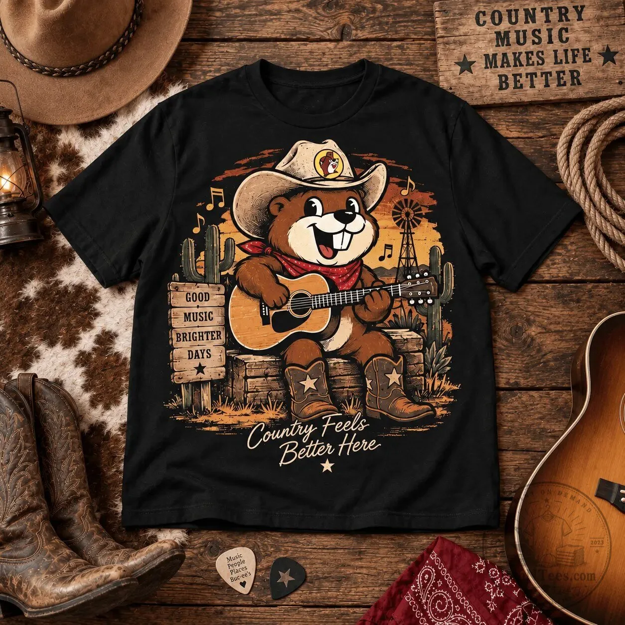 Buc-ee's Country Music Beaver Playing Guitar Graphic Black T-Shirt 7 Buc-ee