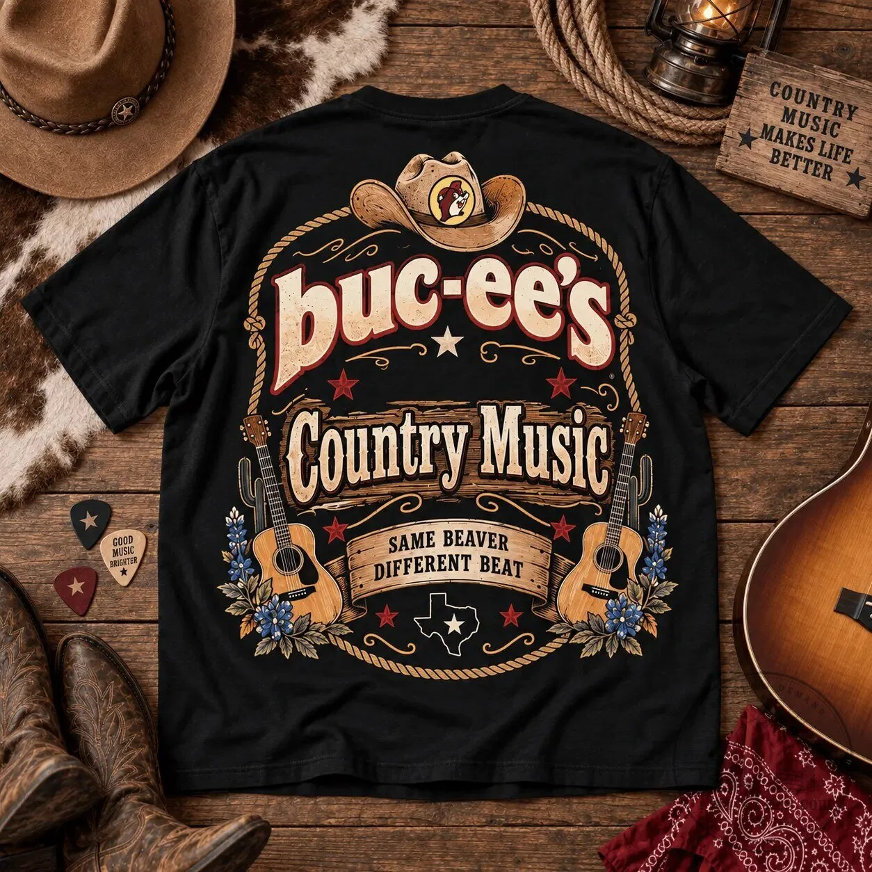 Buc-ee's Country Music Beaver Playing Guitar Graphic Black T-Shirt 8 Buc-ee