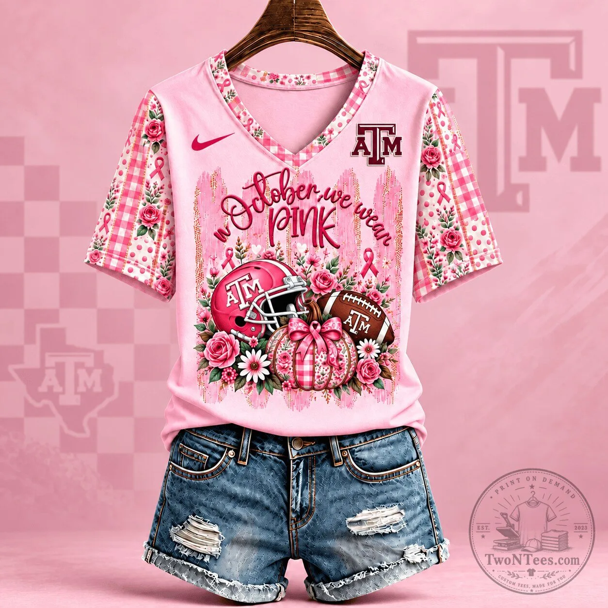 Texas A&M Aggies Breast Cancer Awareness Pink Floral Football T-Shirt 1 Texas A&M Aggies Breast Cancer Awareness Pink Floral Football T-Shirt