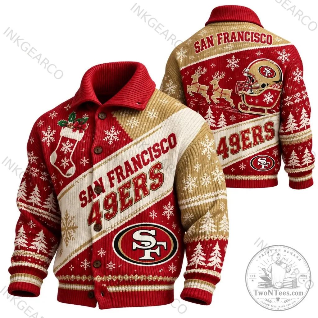 San Francisco 49ers Christmas Holiday Ugly Sweater Knit Cardigan San Francisco 49ers Christmas Holiday Ugly Sweater Knit Cardigan