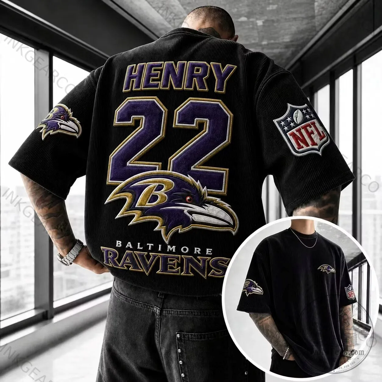 Derrick Henry Baltimore Ravens NFL Football Team Black Corduroy T-Shirt 1 Derrick Henry Baltimore Ravens NFL Football Team Black Corduroy T-Shirt