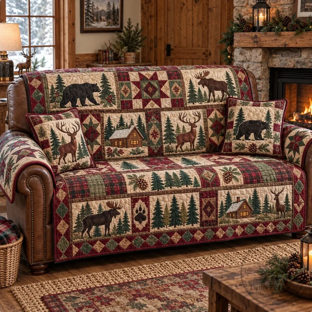 Rustic Woodland Animals Quilted Sofa Cover Rustic Woodland Animals Quilted Sofa Cover