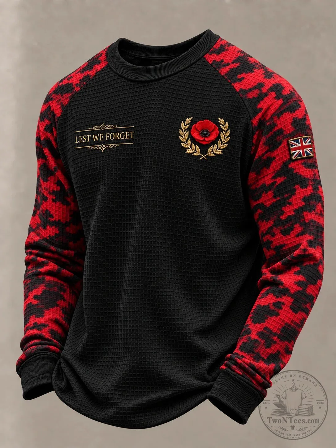 Lest We Forget Remembrance Day Poppy Waffle Knit Long Sleeve Sweatshirt