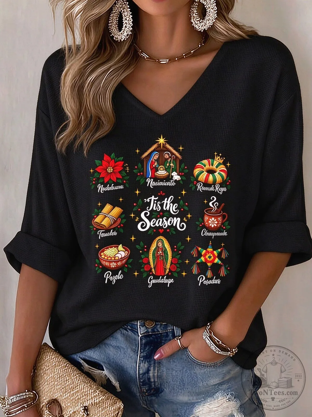 Tis the Season Christmas Nativity Scene Poinsettia Waffle Knit Long Sleeve Top 1 Tis the Season Christmas Nativity Scene Poinsettia Waffle Knit Long Sleeve Top