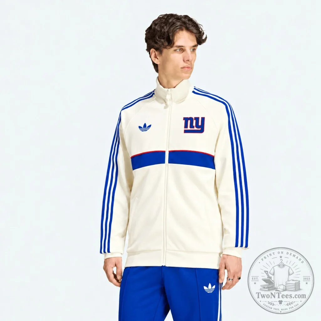 New York Giants Adidas White Full-Zip Track Jacket with Blue Stripes New York Giants Adidas White Full-Zip Track Jacket with Blue Stripes
