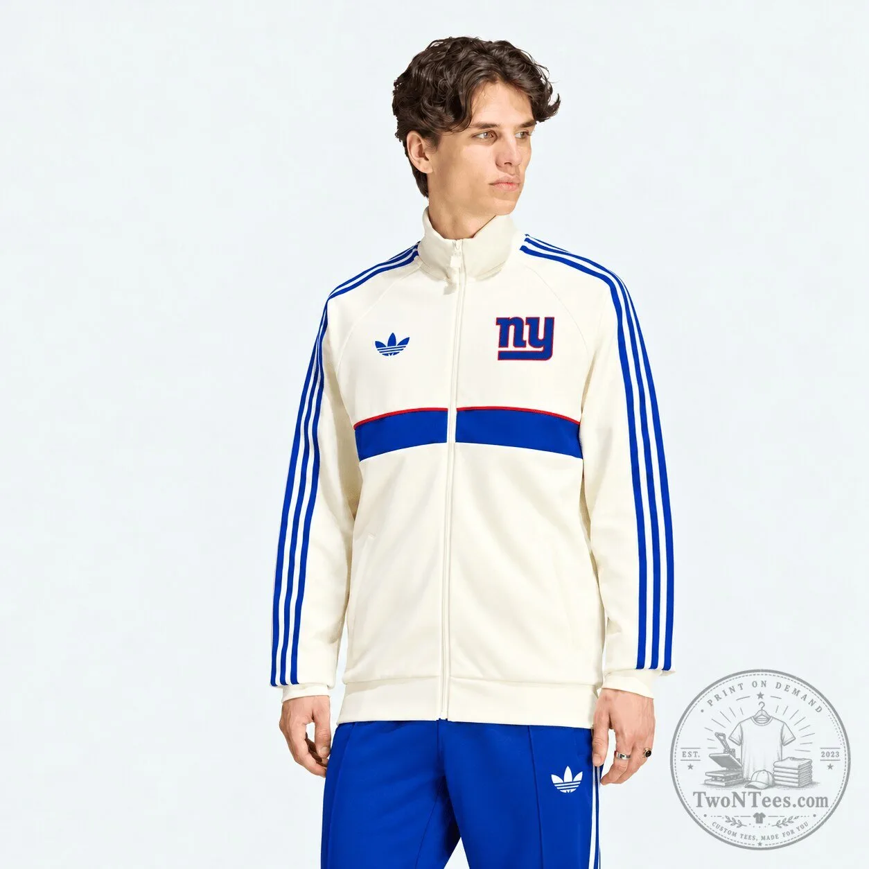 New York Giants Adidas White Full-Zip Track Jacket with Blue Stripes