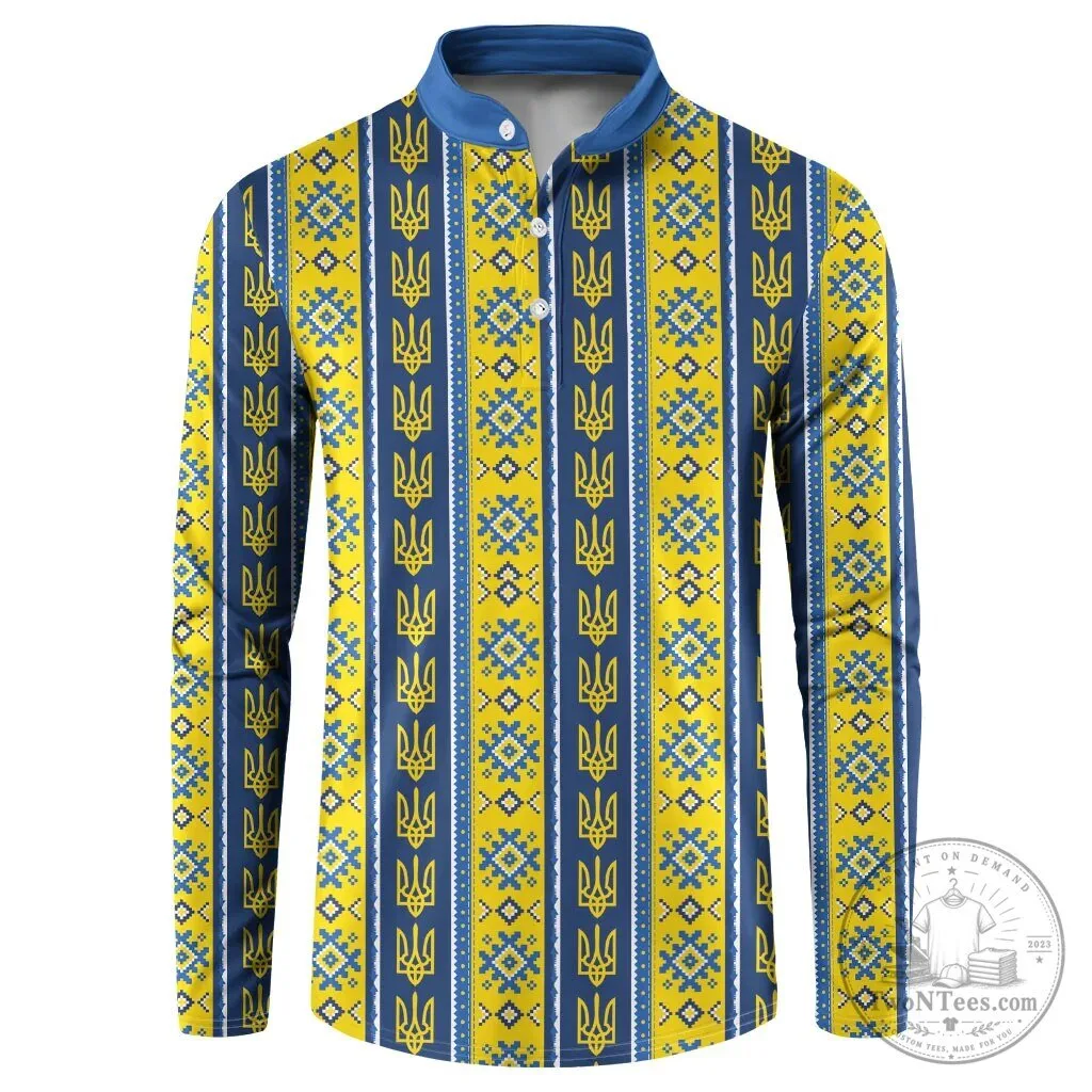 Blue and Yellow Long Sleeve Polo Shirt with Ukrainian Trident Design