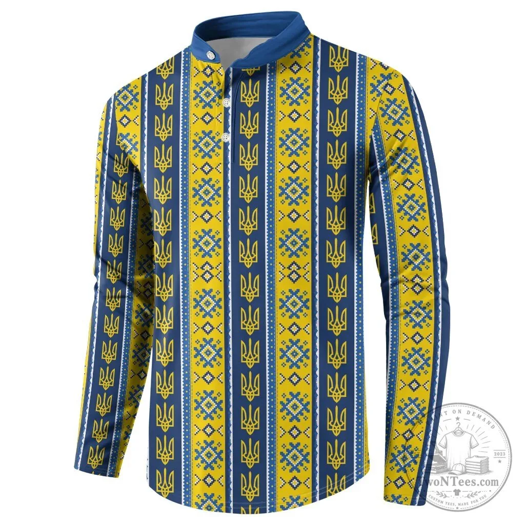 Blue and Yellow Long Sleeve Polo Shirt with Ukrainian Trident Design 6 Blue and Yellow Long Sleeve Polo Shirt with Ukrainian Trident Design
