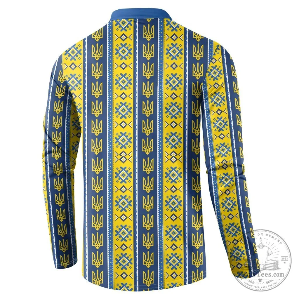 Blue and Yellow Long Sleeve Polo Shirt with Ukrainian Trident Design 7 Blue and Yellow Long Sleeve Polo Shirt with Ukrainian Trident Design