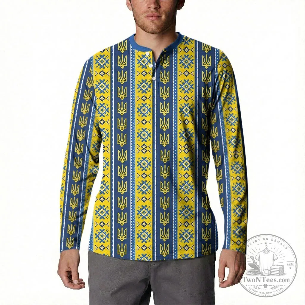 Blue and Yellow Long Sleeve Polo Shirt with Ukrainian Trident Design 8 Blue and Yellow Long Sleeve Polo Shirt with Ukrainian Trident Design