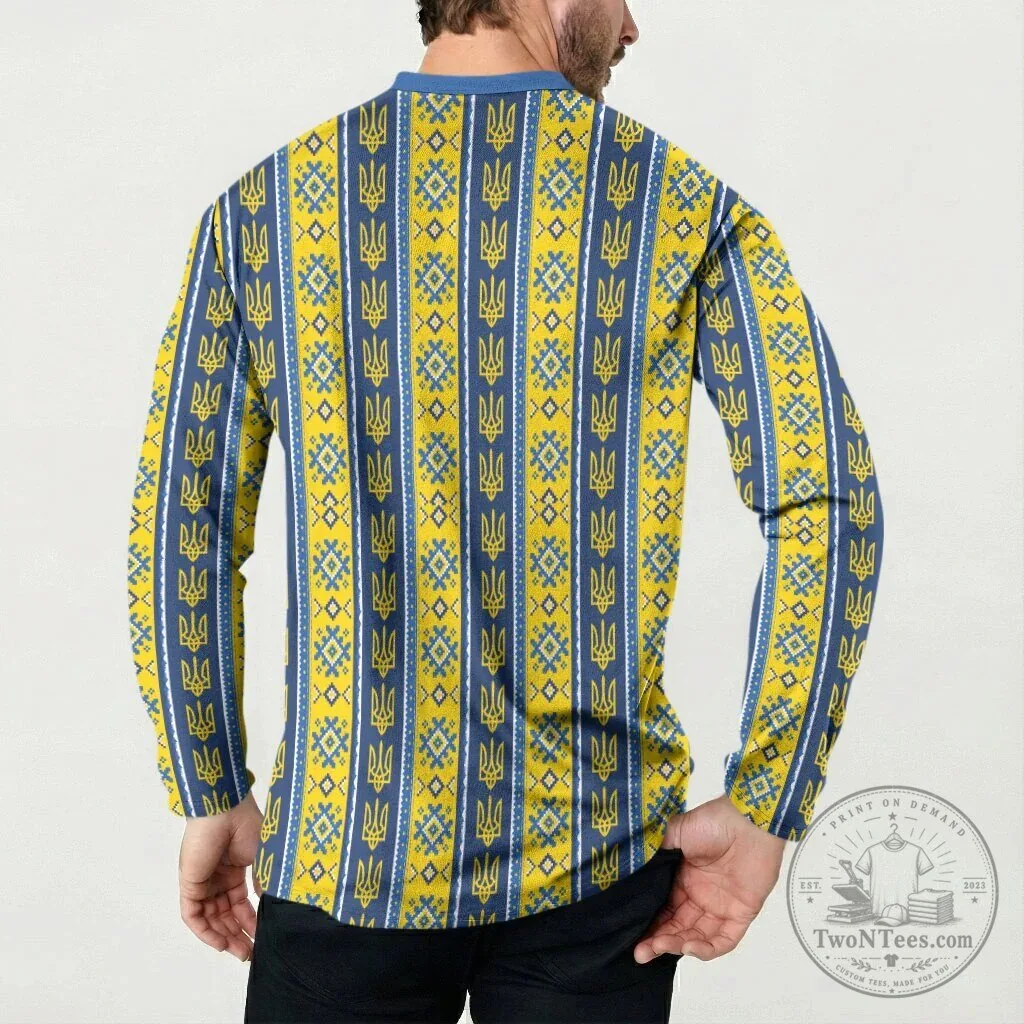 Blue and Yellow Long Sleeve Polo Shirt with Ukrainian Trident Design 9 Blue and Yellow Long Sleeve Polo Shirt with Ukrainian Trident Design