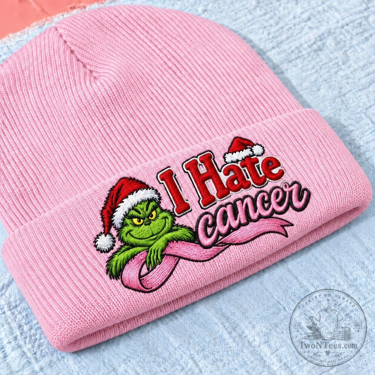 Grinch I Hate Cancer Breast Cancer Awareness Pink Beanie Knit Hat