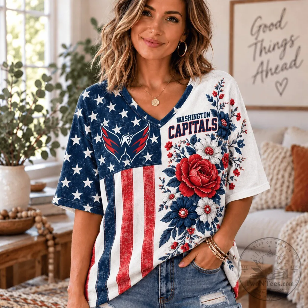 Washington Capitals NHL Fan Shirt Patriotic Floral V-Neck T-Shirt for Women