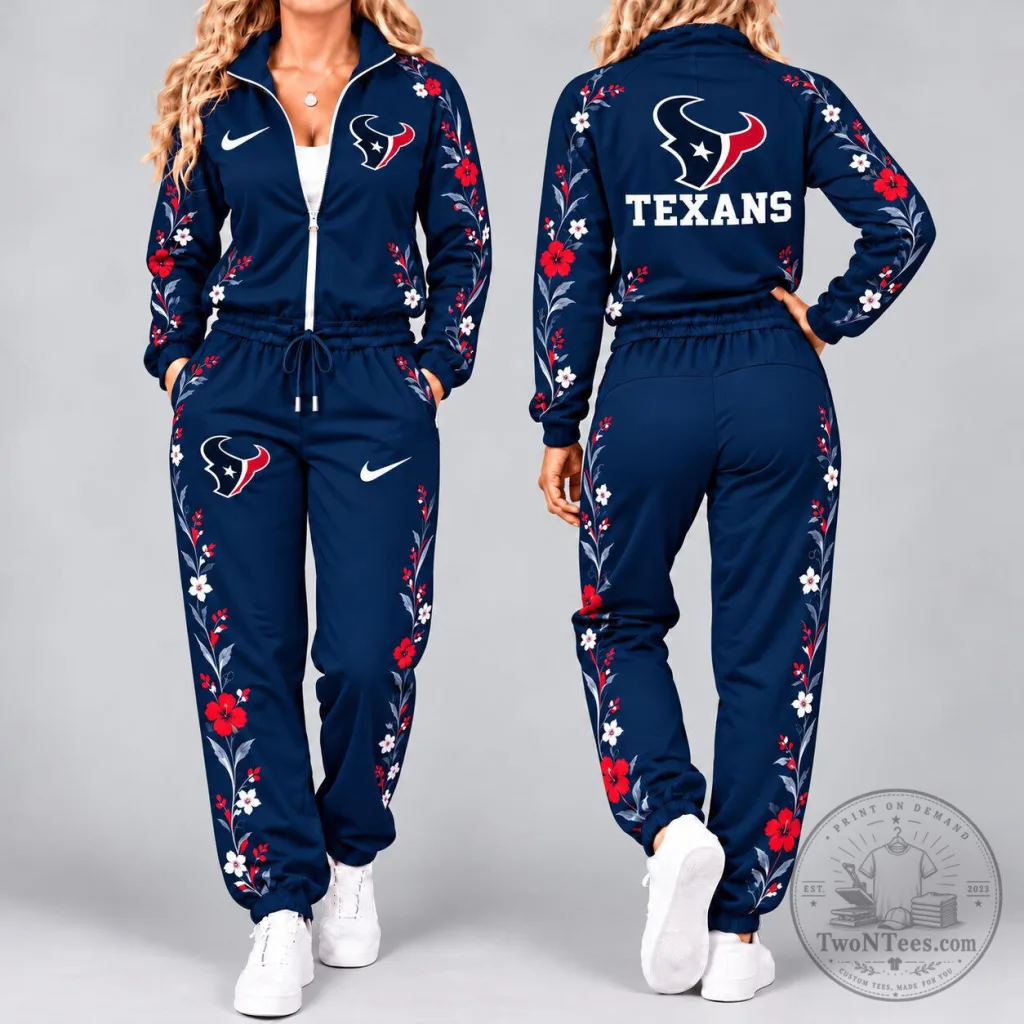 Houston Texans Floral Embroidered NFL Team Pride Navy Blue Tracksuit Set Houston Texans Floral Embroidered NFL Team Pride Navy Blue Tracksuit Set