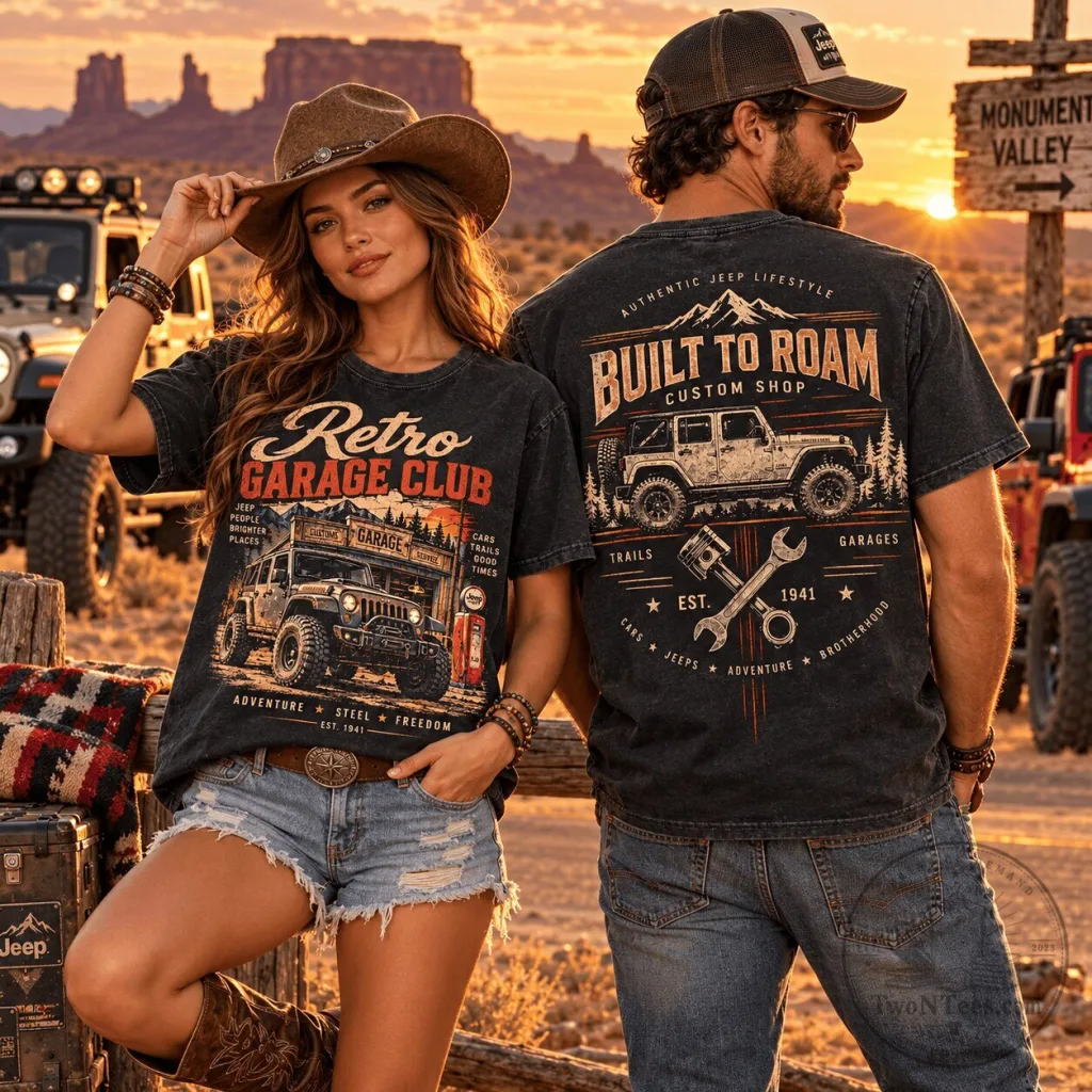 Jeep Retro Garage Club Built To Roam Vintage Off-Road Graphic T-Shirt Jeep Retro Garage Club Built To Roam Vintage Off-Road Graphic T-Shirt
