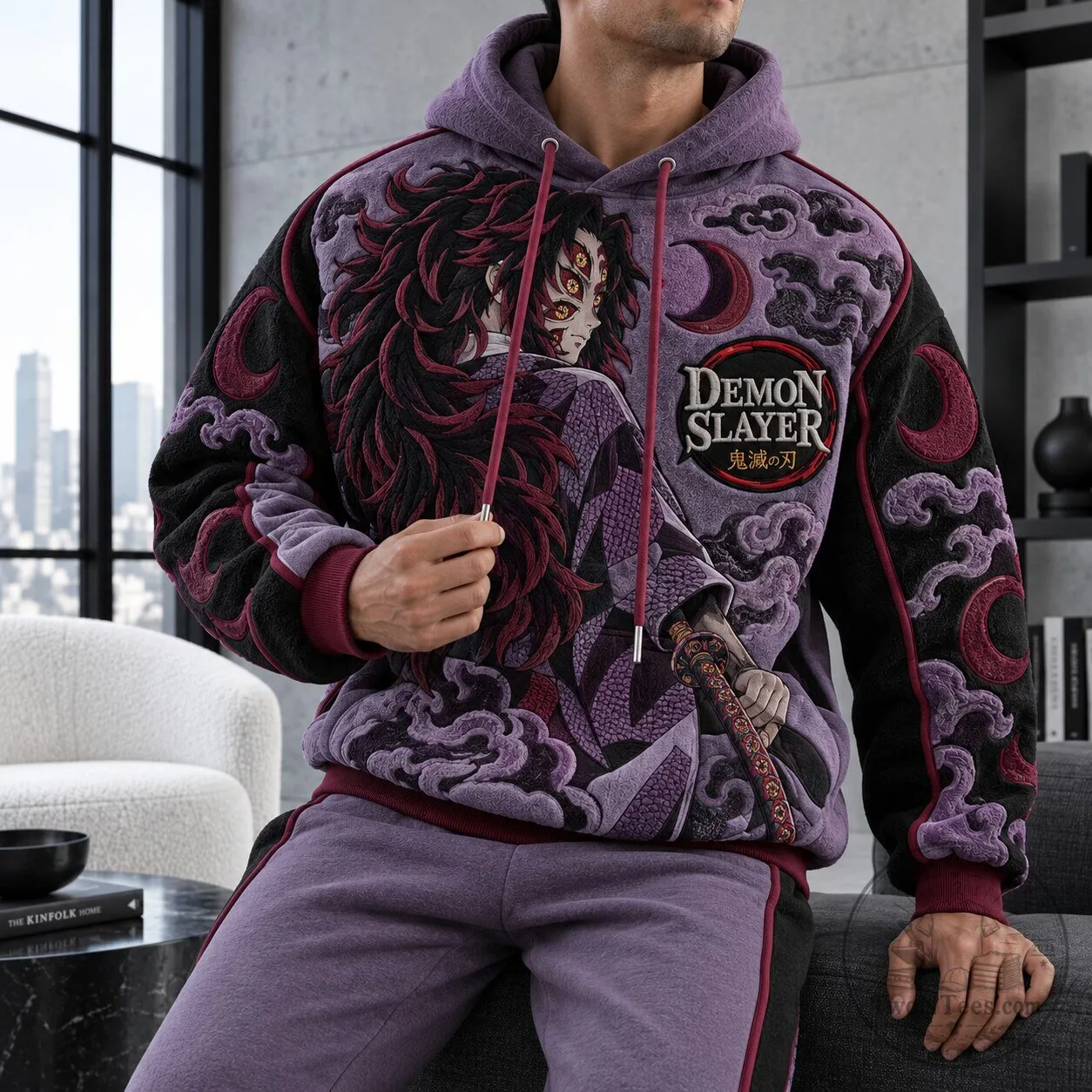 Demon Slayer Kokushibo Anime Embroidered Fleece Hoodie