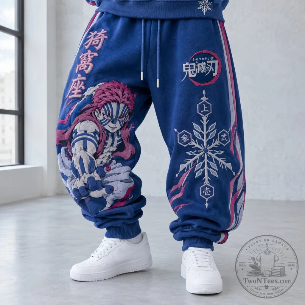 Demon Slayer Akaza Anime Character Graphic Print Blue Sweatpants Demon Slayer Akaza Anime Character Graphic Print Blue Sweatpants