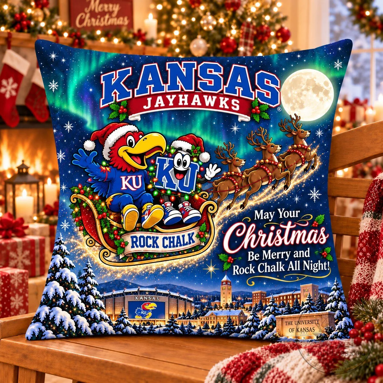 Kansas Jayhawks Magical Christmas Night Flight Decorative Pillow