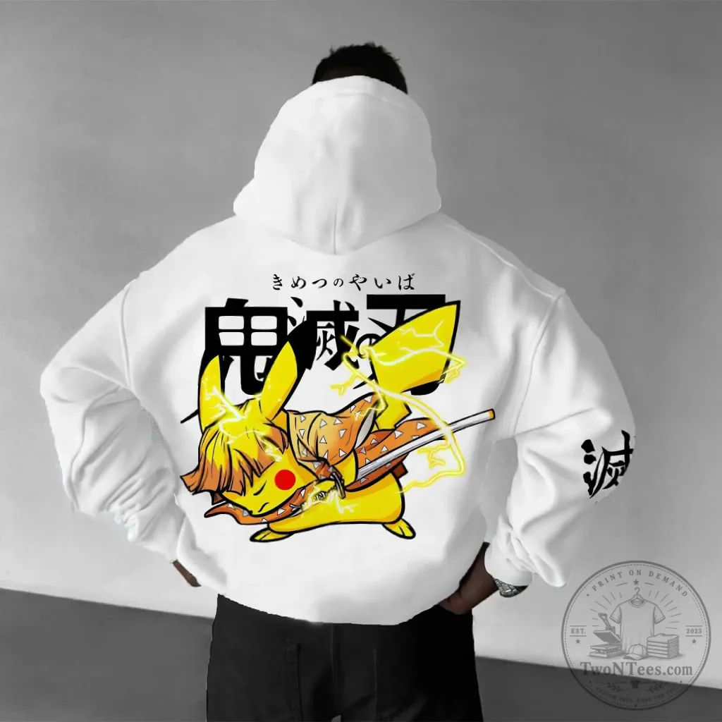 Pikachu Zenitsu Agatsuma Demon Slayer Anime Graphic White Hoodie Pikachu Zenitsu Agatsuma Demon Slayer Anime Graphic White Hoodie