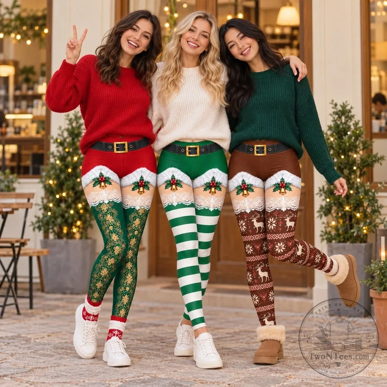 Festive Christmas Santa Belt and Lace Pattern Women's Leggings