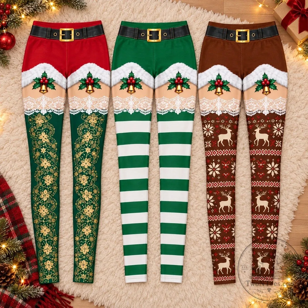 Festive Christmas Santa Belt and Lace Pattern Women's Leggings 8 Festive Christmas Santa Belt and Lace Pattern Women