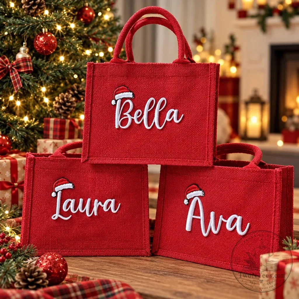 Personalized Christmas Red Jute Tote Bag with Name and Santa Hat Design Personalized Christmas Red Jute Tote Bag with Name and Santa Hat Design