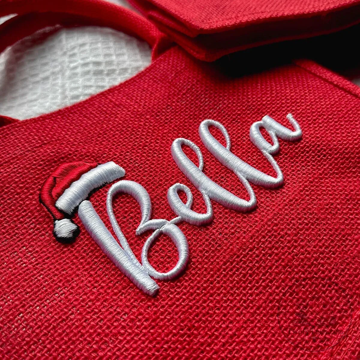 Personalized Christmas Red Jute Tote Bag with Name and Santa Hat Design 14 Personalized Christmas Red Jute Tote Bag with Name and Santa Hat Design