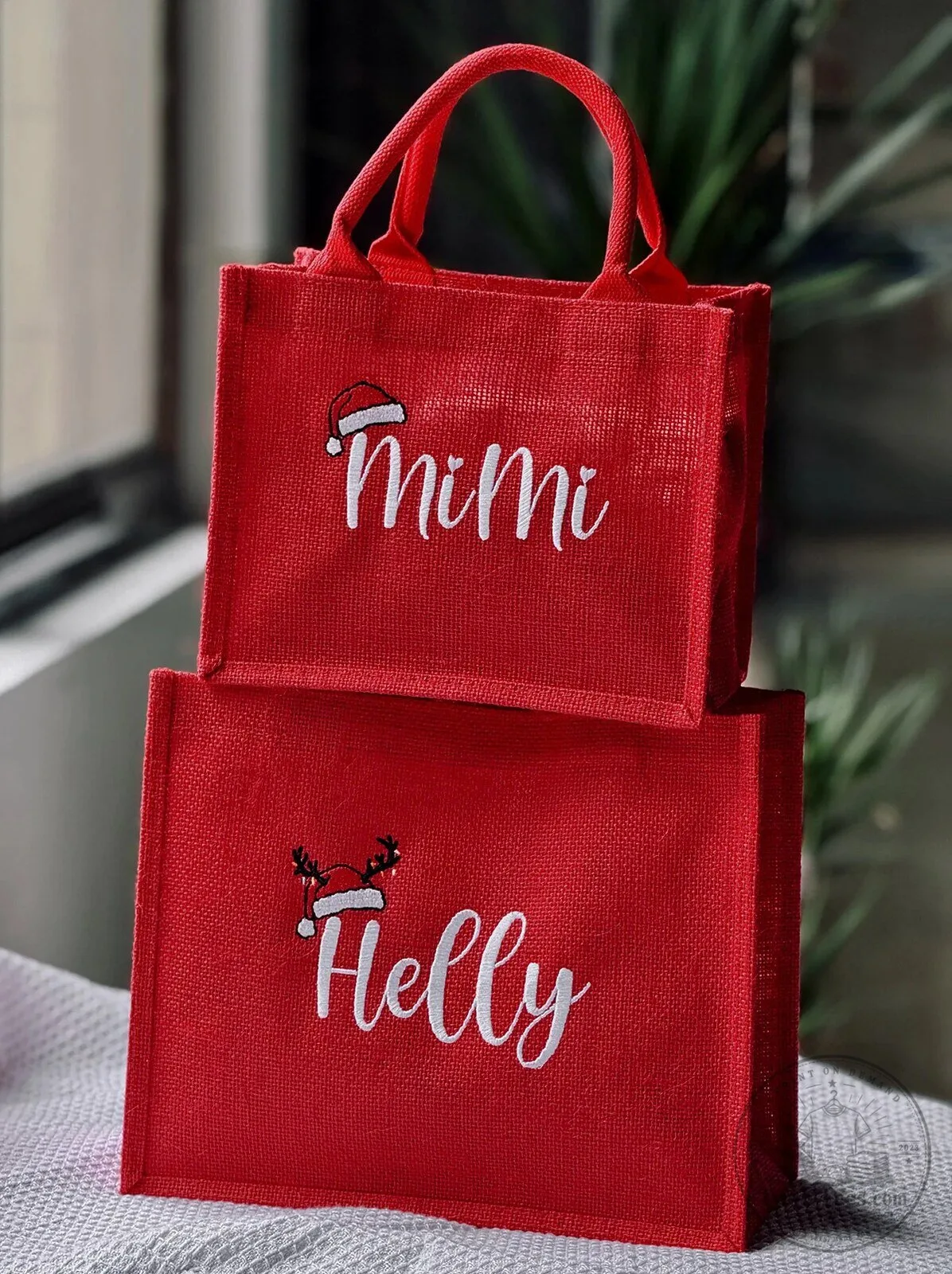 Personalized Christmas Red Jute Tote Bag with Name and Santa Hat Design 15 Personalized Christmas Red Jute Tote Bag with Name and Santa Hat Design