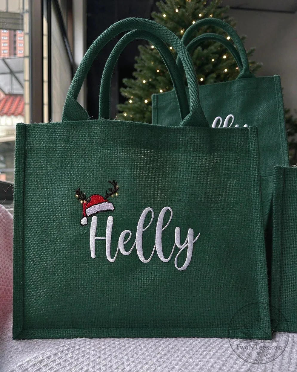 Personalized Christmas Red Jute Tote Bag with Name and Santa Hat Design 16 Personalized Christmas Red Jute Tote Bag with Name and Santa Hat Design