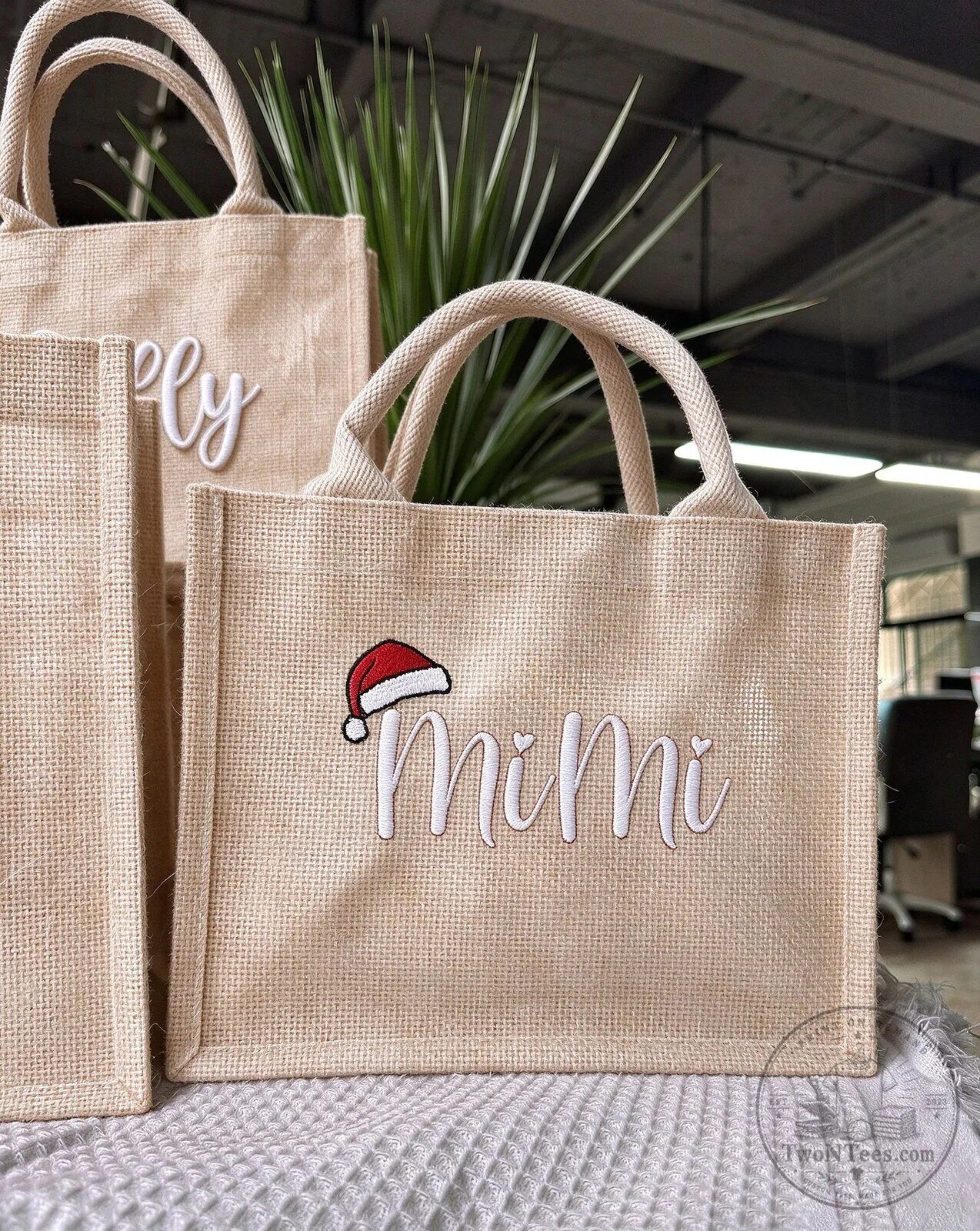 Personalized Christmas Red Jute Tote Bag with Name and Santa Hat Design 17 Personalized Christmas Red Jute Tote Bag with Name and Santa Hat Design