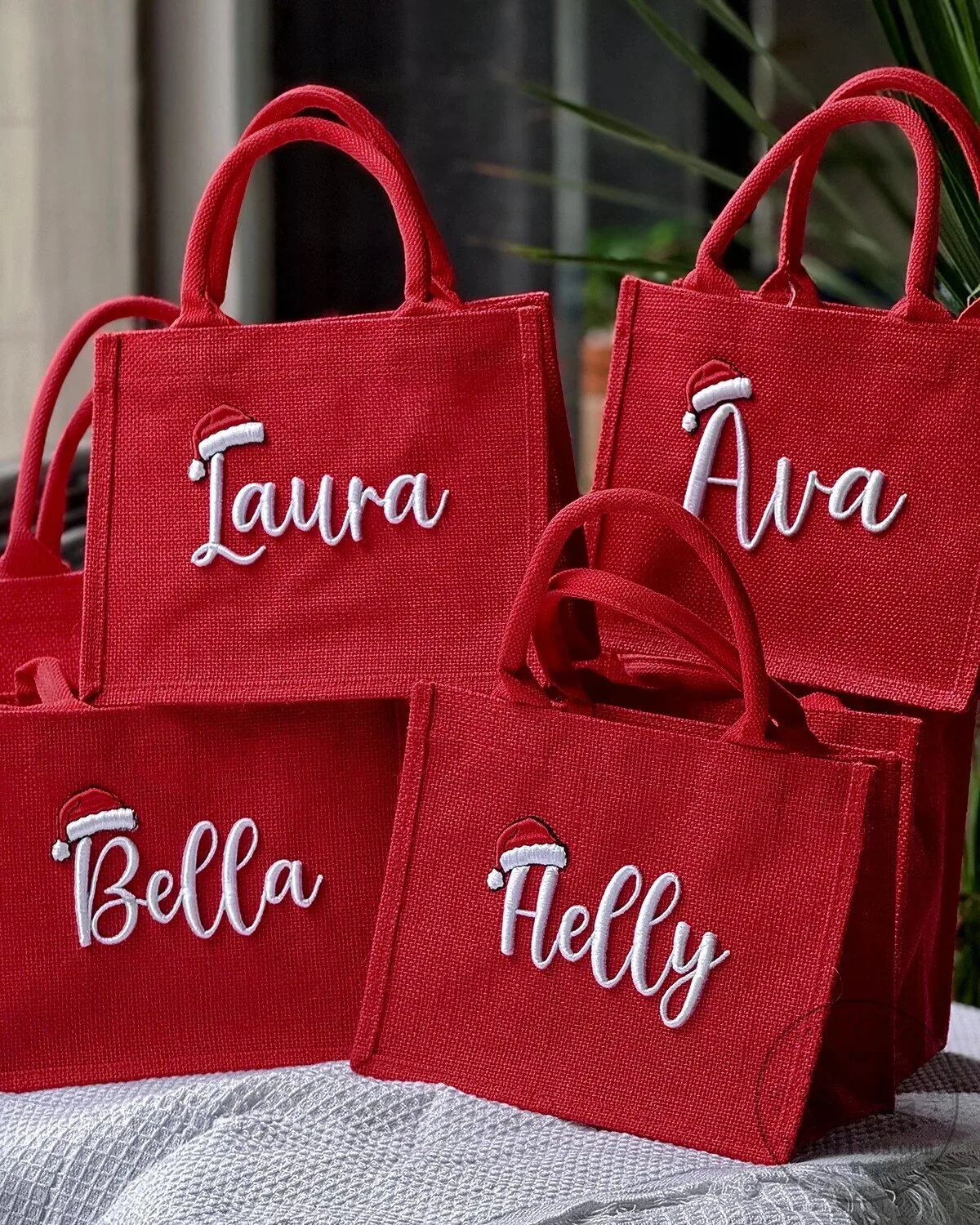 Personalized Christmas Red Jute Tote Bag with Name and Santa Hat Design 18 Personalized Christmas Red Jute Tote Bag with Name and Santa Hat Design