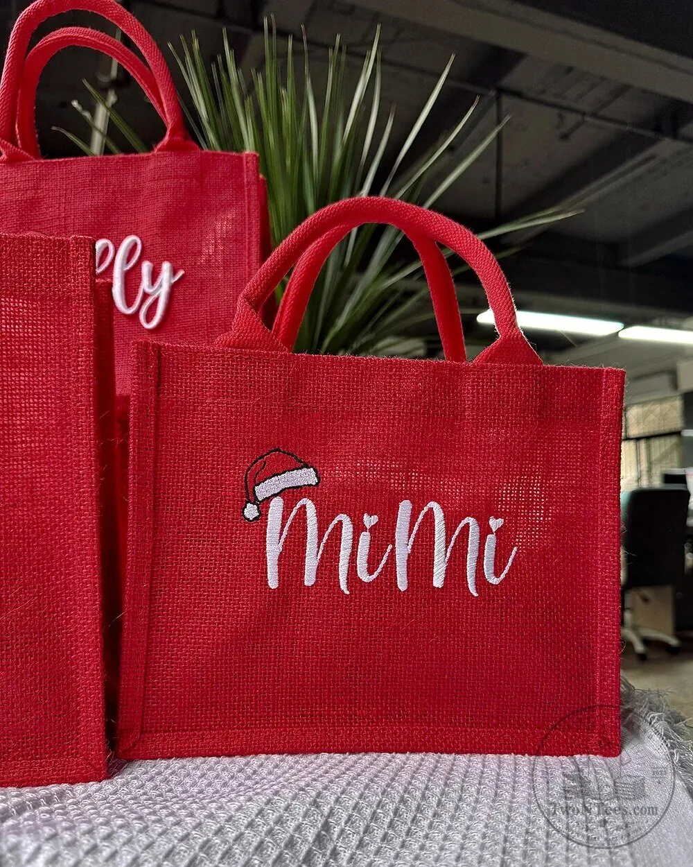 Personalized Christmas Red Jute Tote Bag with Name and Santa Hat Design 19 Personalized Christmas Red Jute Tote Bag with Name and Santa Hat Design