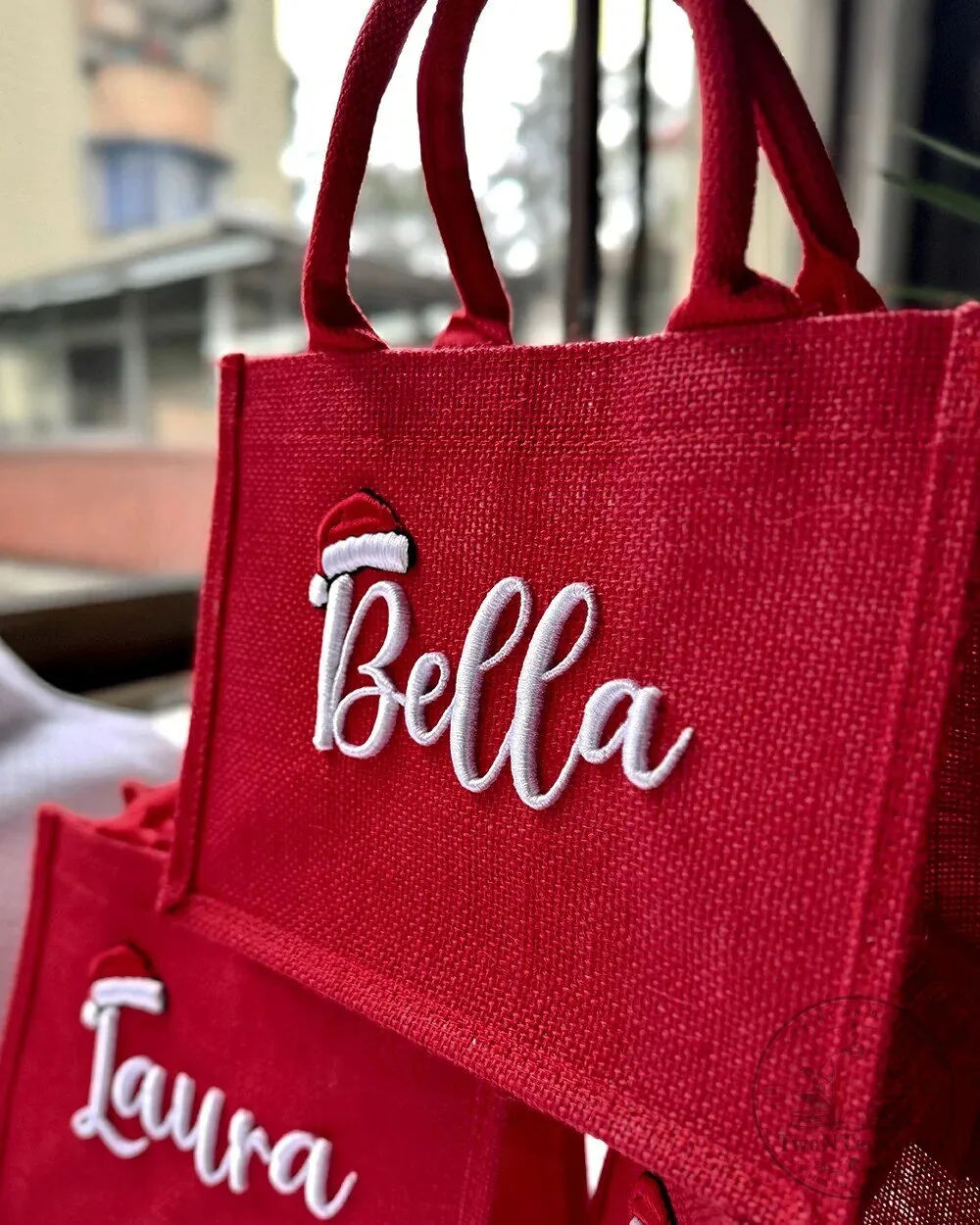 Personalized Christmas Red Jute Tote Bag with Name and Santa Hat Design 20 Personalized Christmas Red Jute Tote Bag with Name and Santa Hat Design
