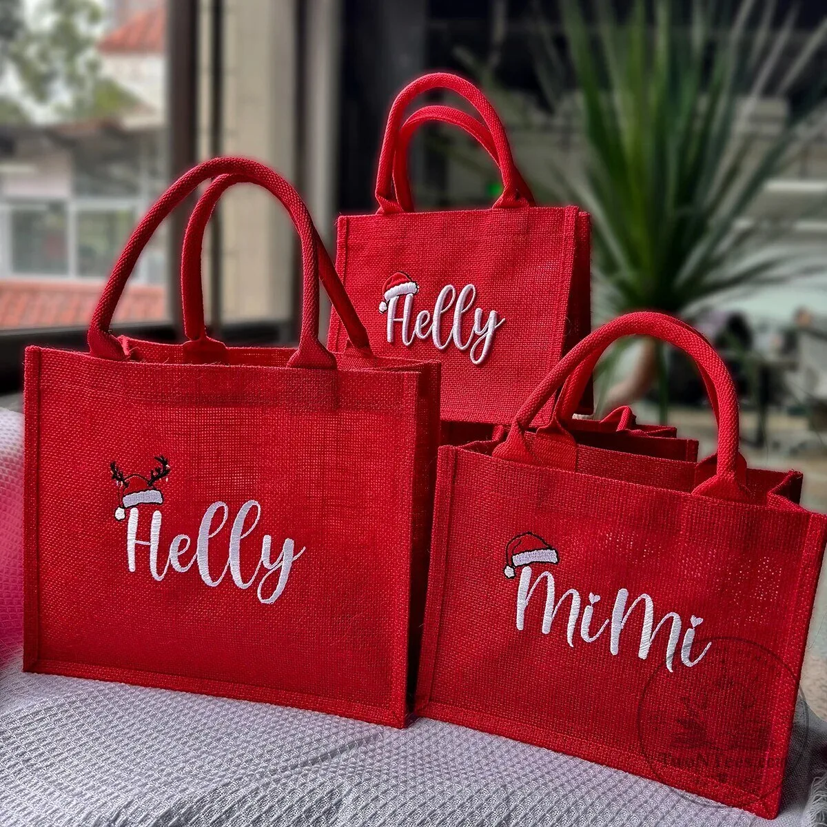 Personalized Christmas Red Jute Tote Bag with Name and Santa Hat Design 21 Personalized Christmas Red Jute Tote Bag with Name and Santa Hat Design
