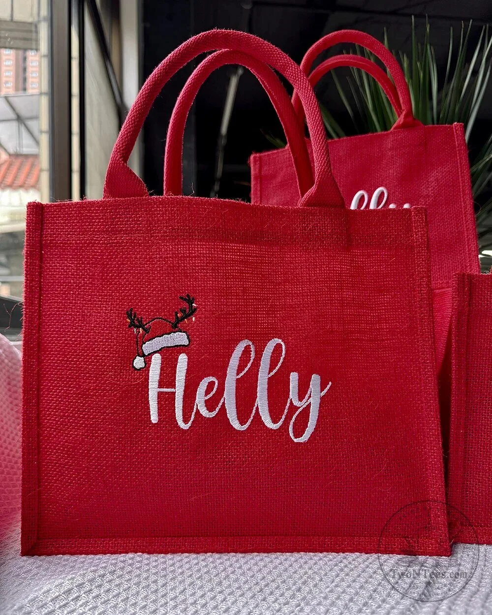 Personalized Christmas Red Jute Tote Bag with Name and Santa Hat Design 22 Personalized Christmas Red Jute Tote Bag with Name and Santa Hat Design