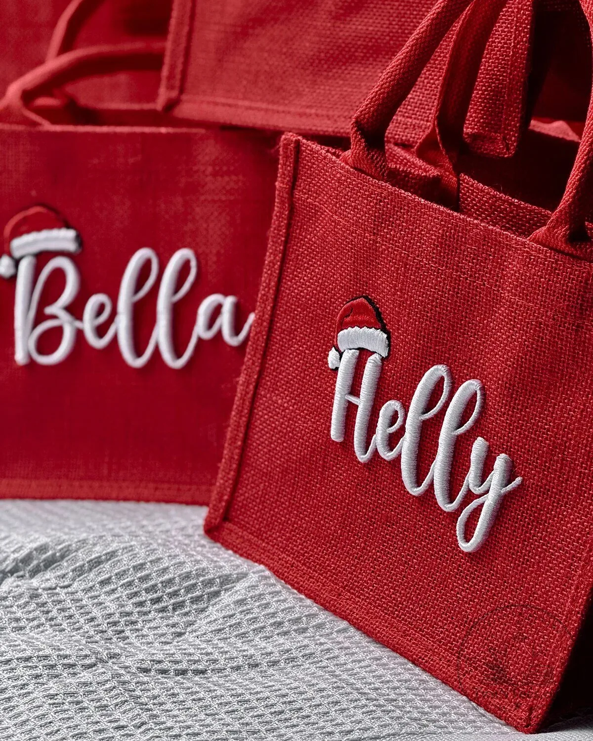 Personalized Christmas Red Jute Tote Bag with Name and Santa Hat Design 23 Personalized Christmas Red Jute Tote Bag with Name and Santa Hat Design