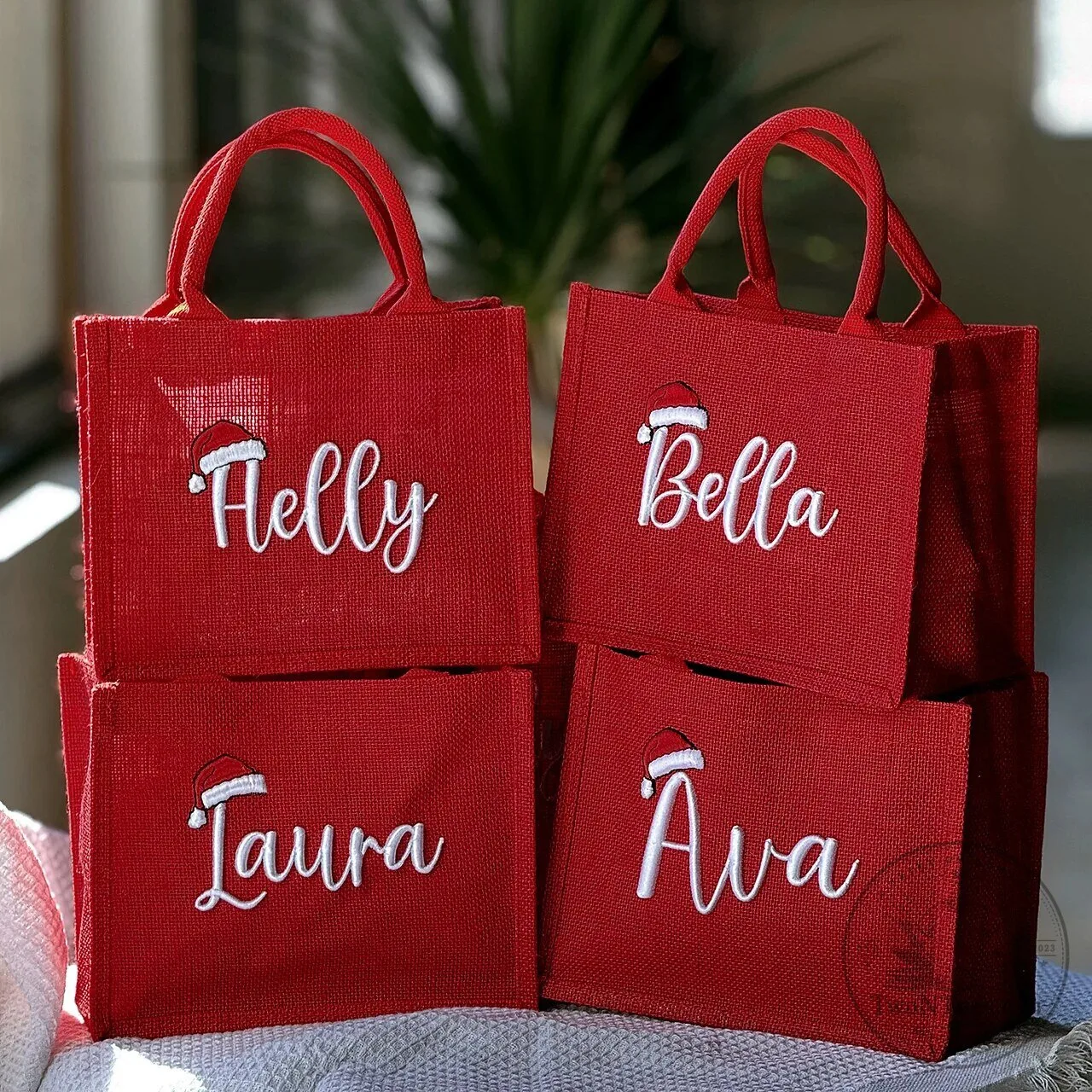 Personalized Christmas Red Jute Tote Bag with Name and Santa Hat Design 24 Personalized Christmas Red Jute Tote Bag with Name and Santa Hat Design