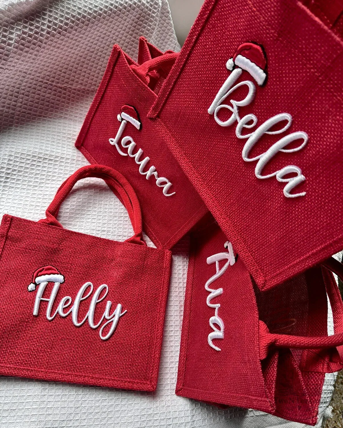 Personalized Christmas Red Jute Tote Bag with Name and Santa Hat Design 25 Personalized Christmas Red Jute Tote Bag with Name and Santa Hat Design